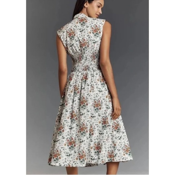 Anthropologie Tommie Zip Front Midi Dress NWT 3X Ivory Comb Floral Smocked Plus - Picture 3 of 16